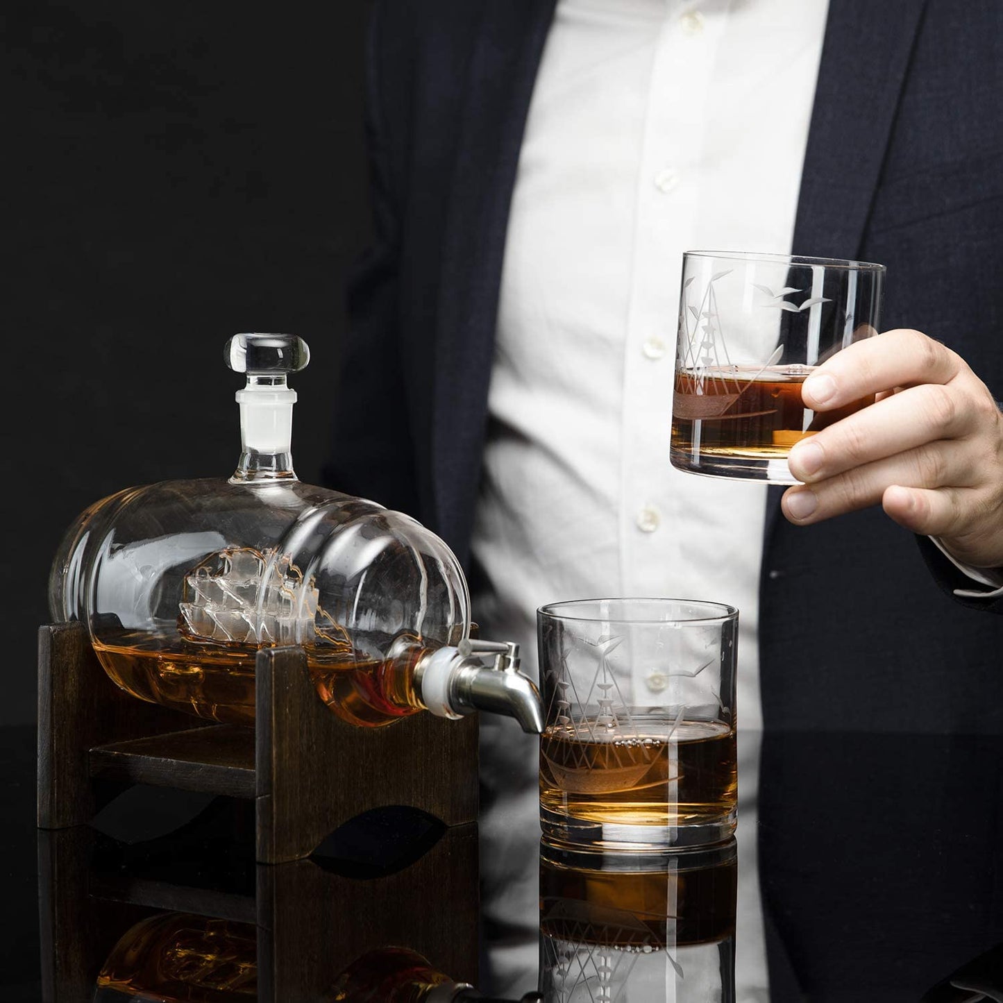 Whiskey Ship in a Barrel Decanter With Ship With 2-10 oz Glasses - By The Wine Savant, Whiskey & Wine Decanter Clear-2
