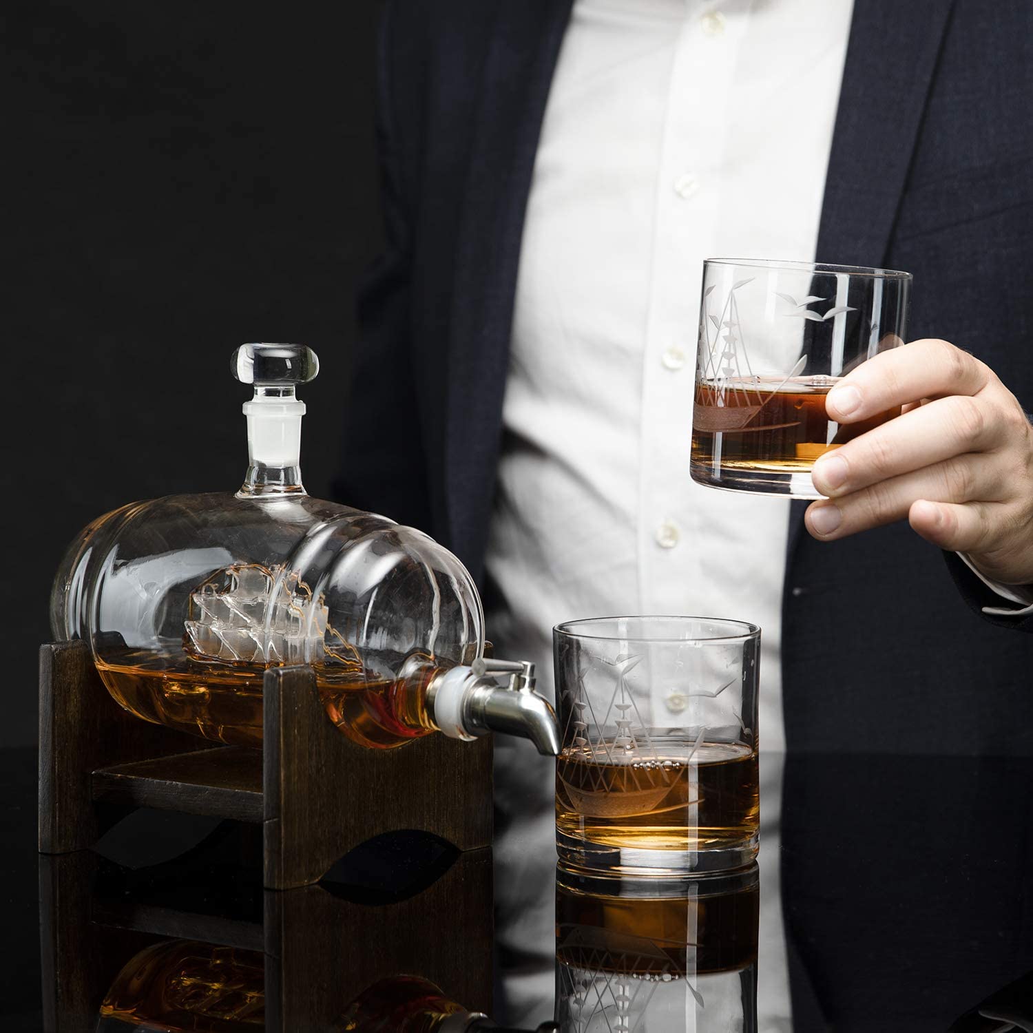 Whiskey Ship in a Barrel Decanter With Ship With 2-10 oz Glasses - By The Wine Savant, Whiskey & Wine Decanter Clear-2