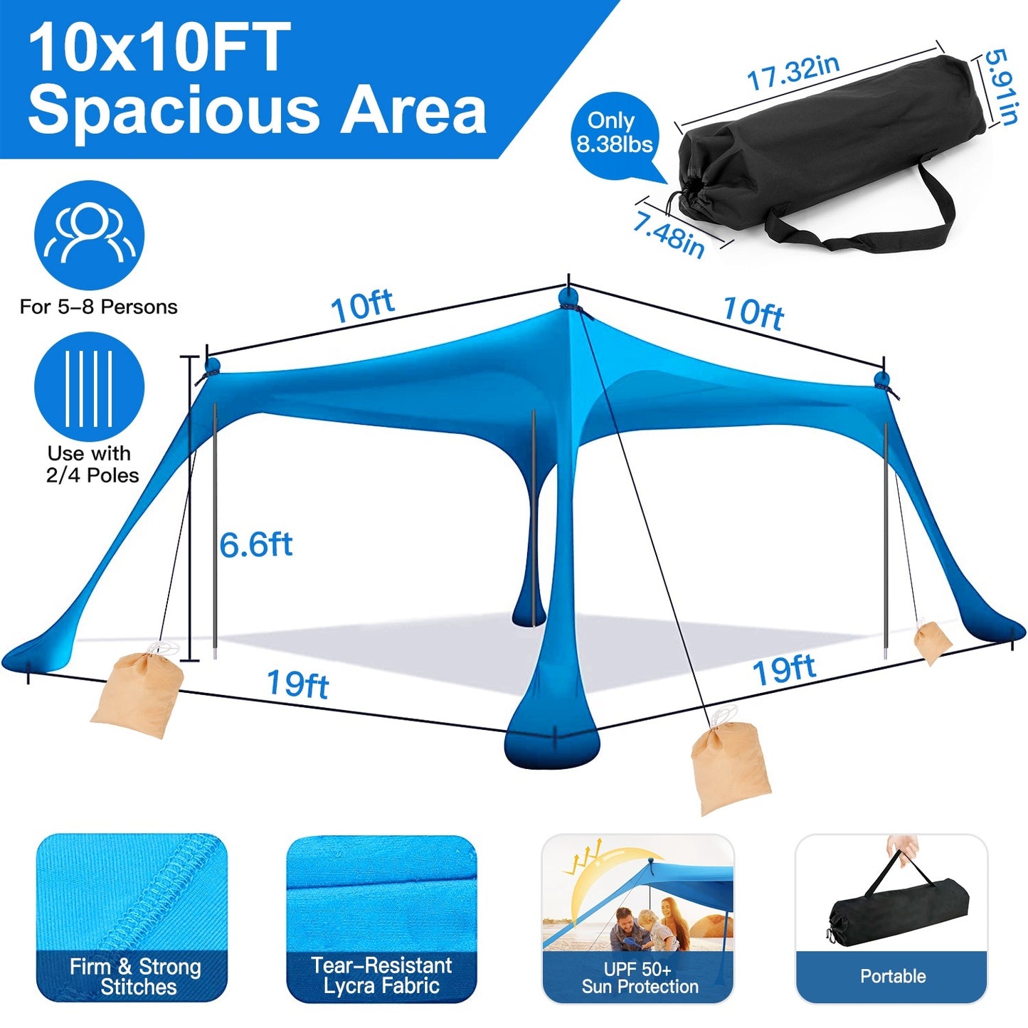 5-8 Person Beach Canopy 10x10x6.6ft With Sandbag Foldable Poles and Carry Bag