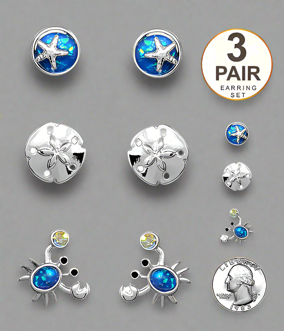 SEALIFE THEME 3 PAIR EARRING SET - SAND DOLLAR CRAB-0