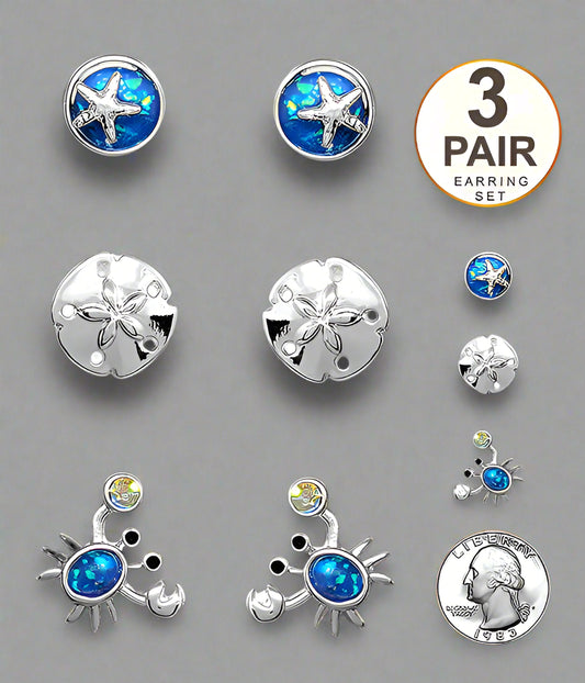 SEALIFE THEME 3 PAIR EARRING SET - SAND DOLLAR CRAB-0