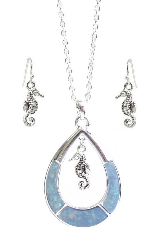 SEALIFE THEME SEAGLASS TEARDROP RING PENDANT NECKLACE SET - SEA HORSE sea glass-0