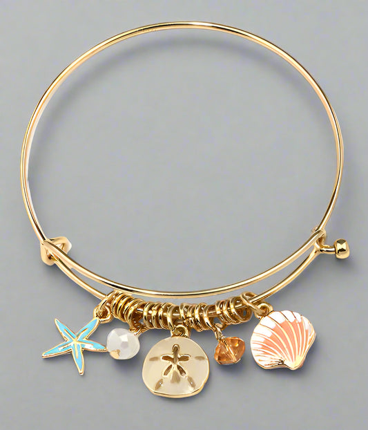 ENAMEL STARFISH AND SAND DOLLAR CHARM WIRE BANGLE BRACELET-0
