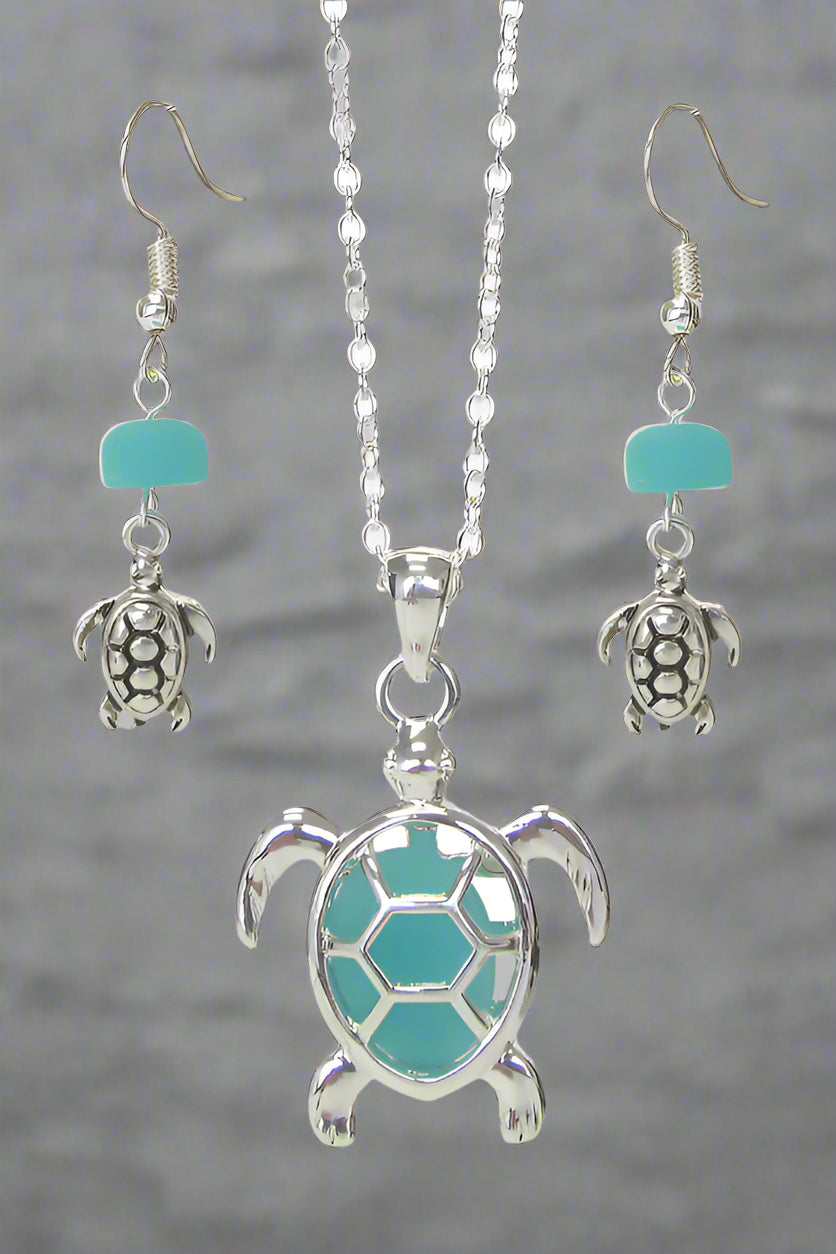 FLOATING SEA GLASS PENDANT NECKLACE SET - TURTLE-0