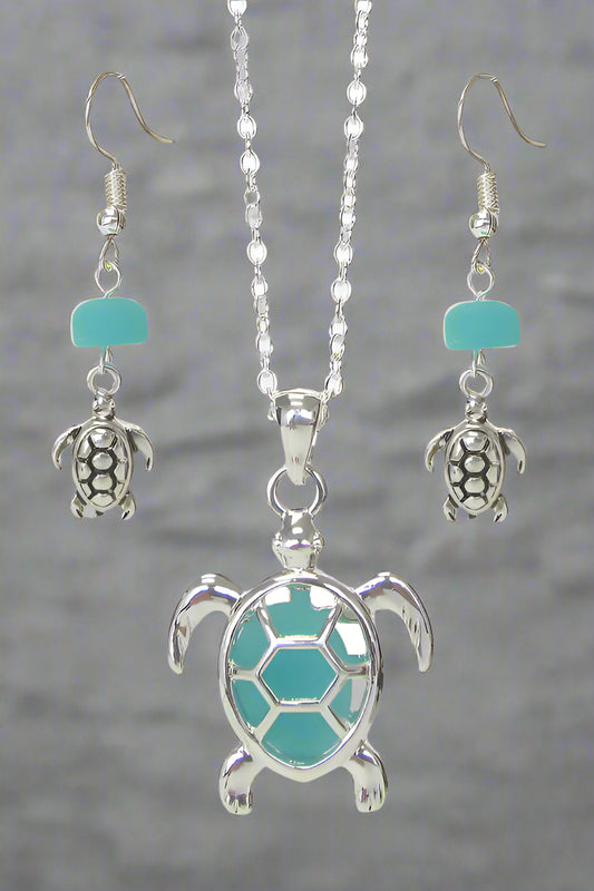 FLOATING SEA GLASS PENDANT NECKLACE SET - TURTLE-0