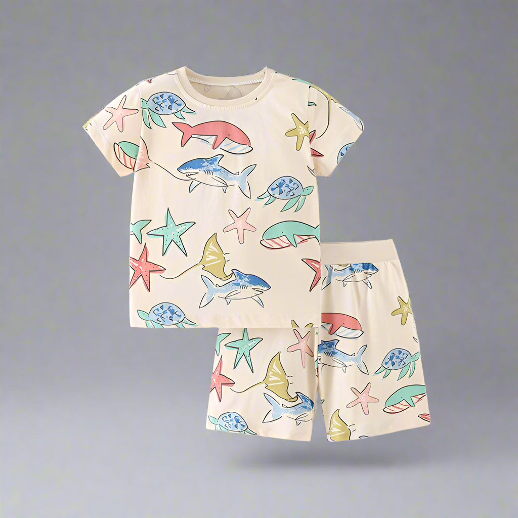 Summer Baby Kids Girls Marine Animals Cartoon Pattern Short Sleeves T-Shirt And Shorts Casual Clothing Set-0