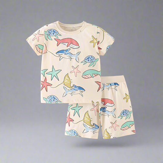 Summer Baby Kids Girls Marine Animals Cartoon Pattern Short Sleeves T-Shirt And Shorts Casual Clothing Set-0